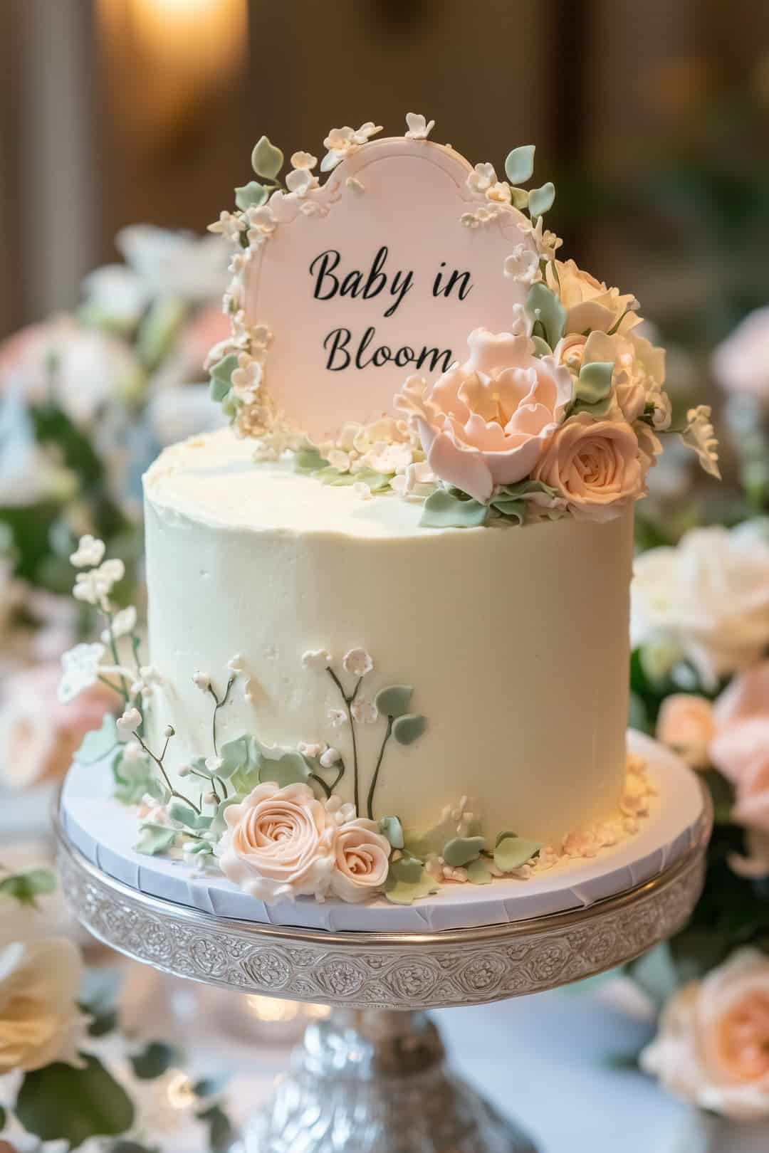 Elegant baby shower cake adorned with soft pink roses