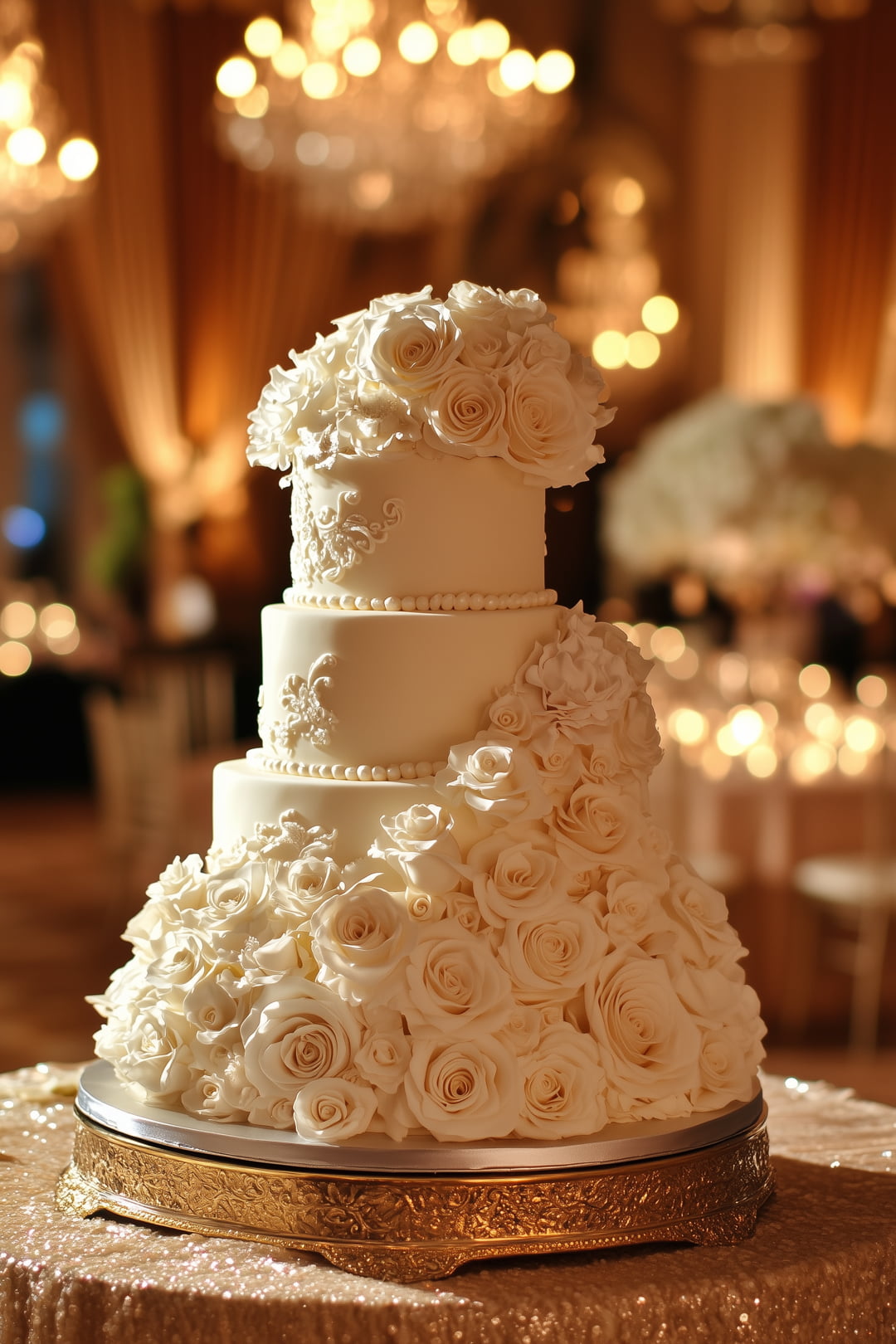  A classic white wedding cake adorned with white roses