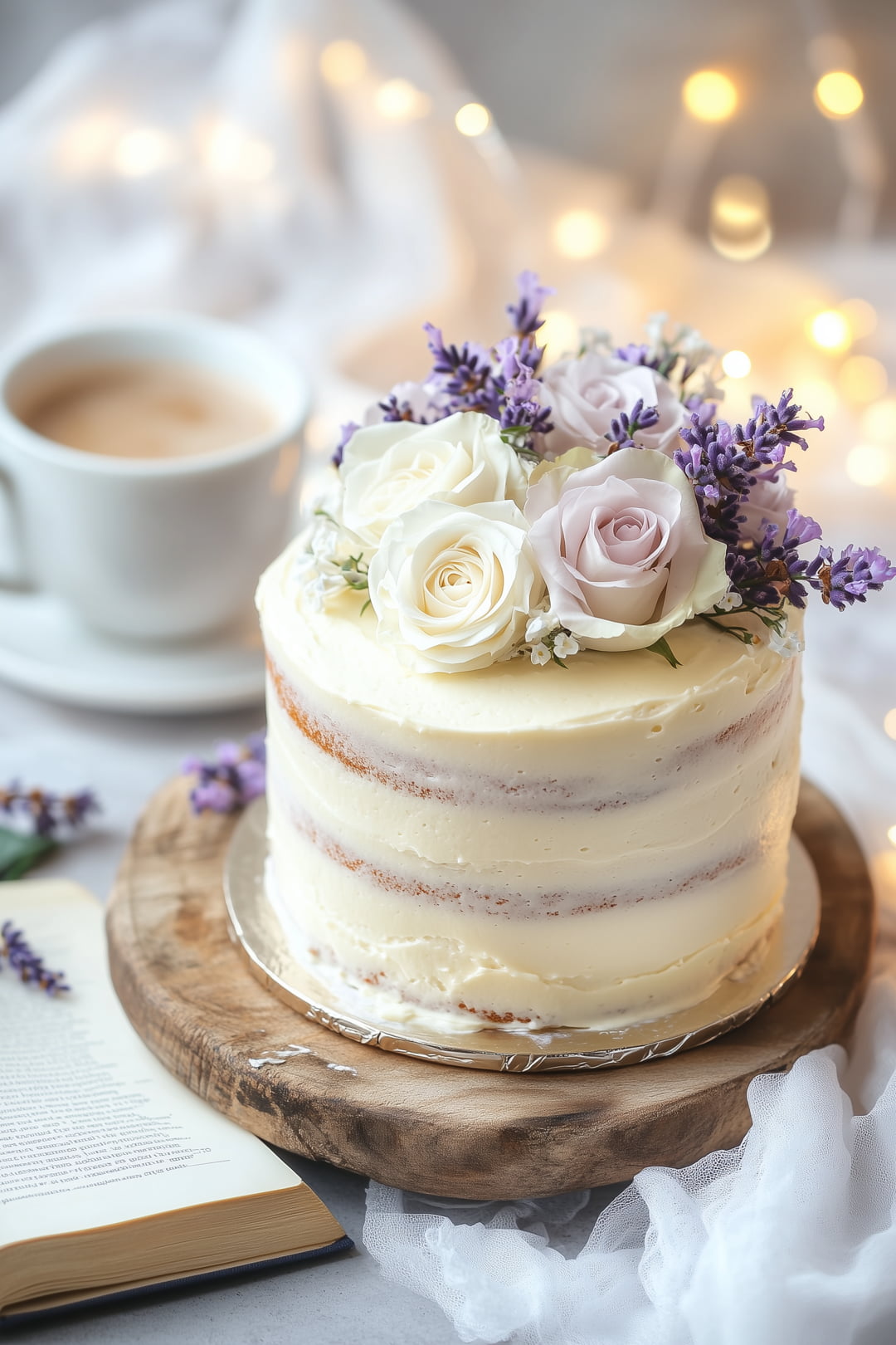 Simple nude cake decorated with white roses and lavender