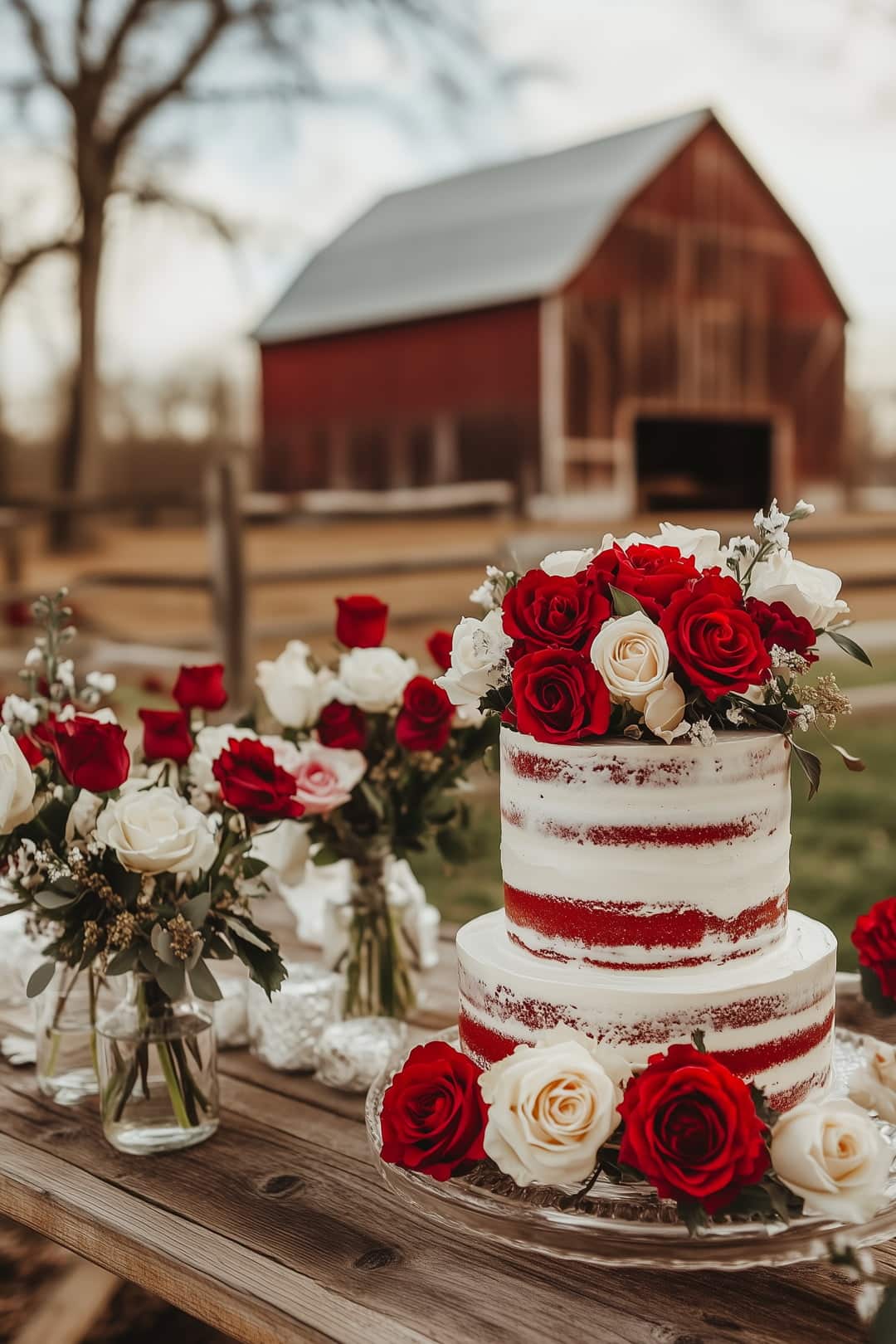 nude wedding cake adorned with red and white roses