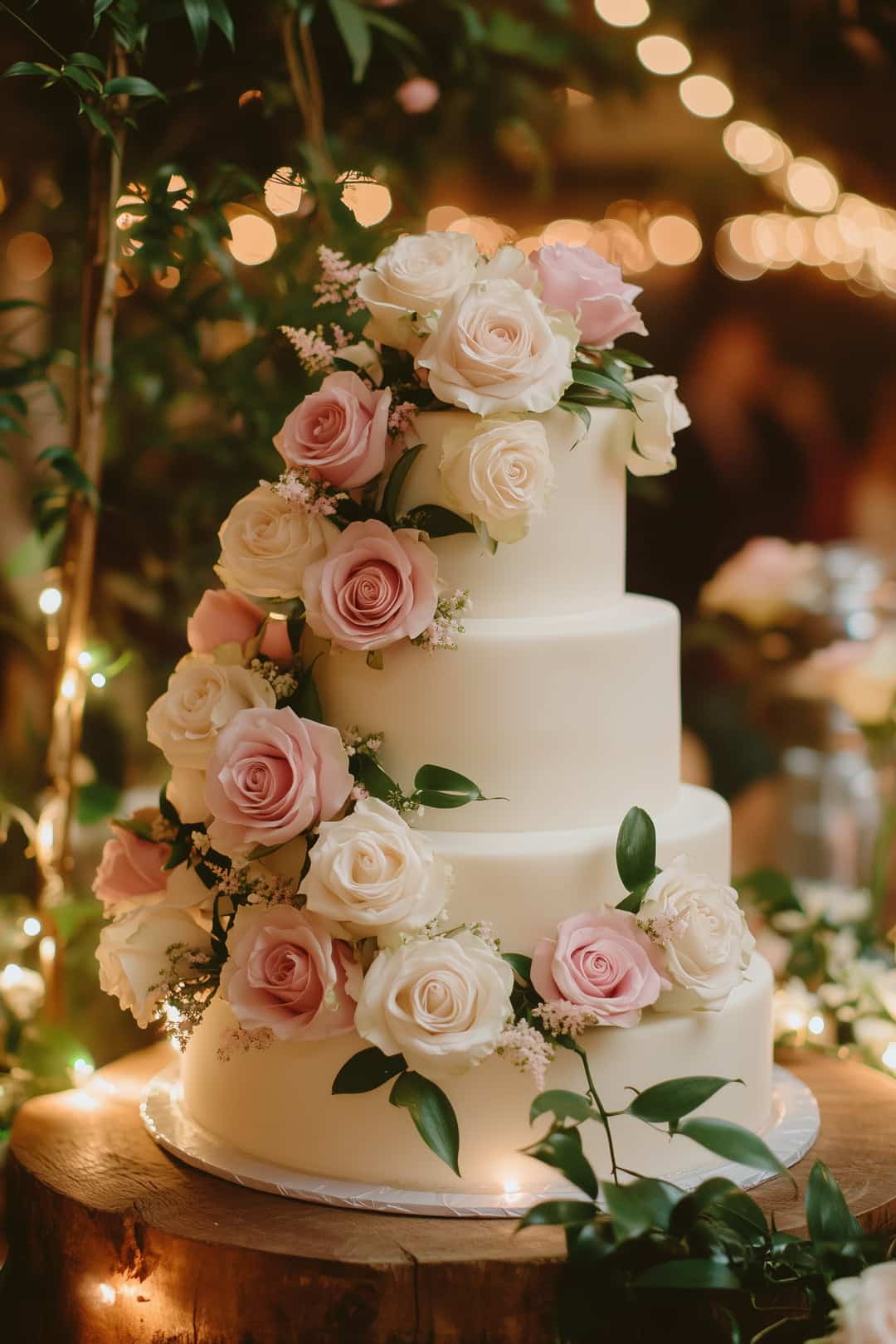 classic four-tier fondant wedding cake decorated with cascading white and pink roses