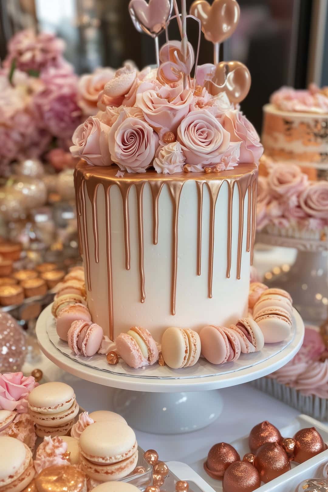 A luxurious birthday cake with a creamy white base, adorned with rose gold drip icing, pink roses, macarons