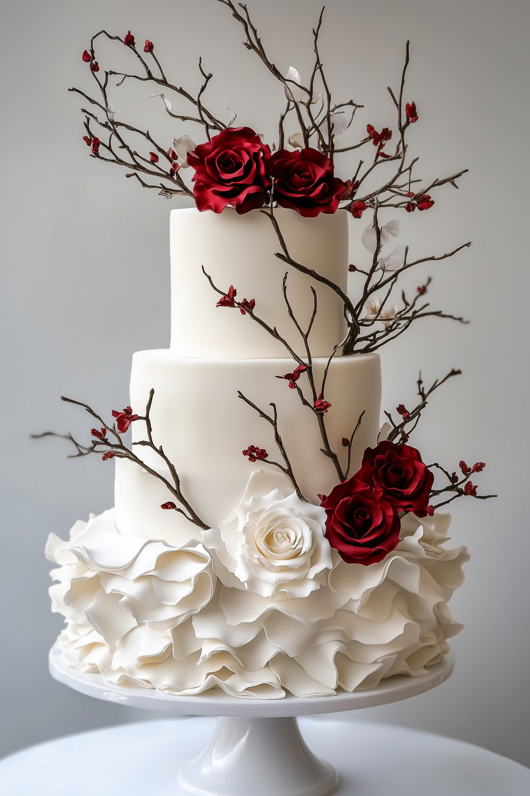 stunning ruffled wedding cake adorned with delicate rose accents