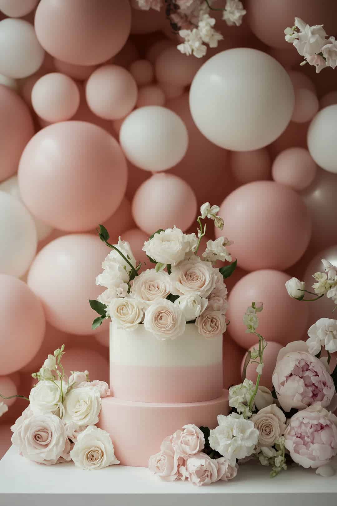 Two-tier baby shower cake with a pink bottom and white top, adorned with beautiful roses