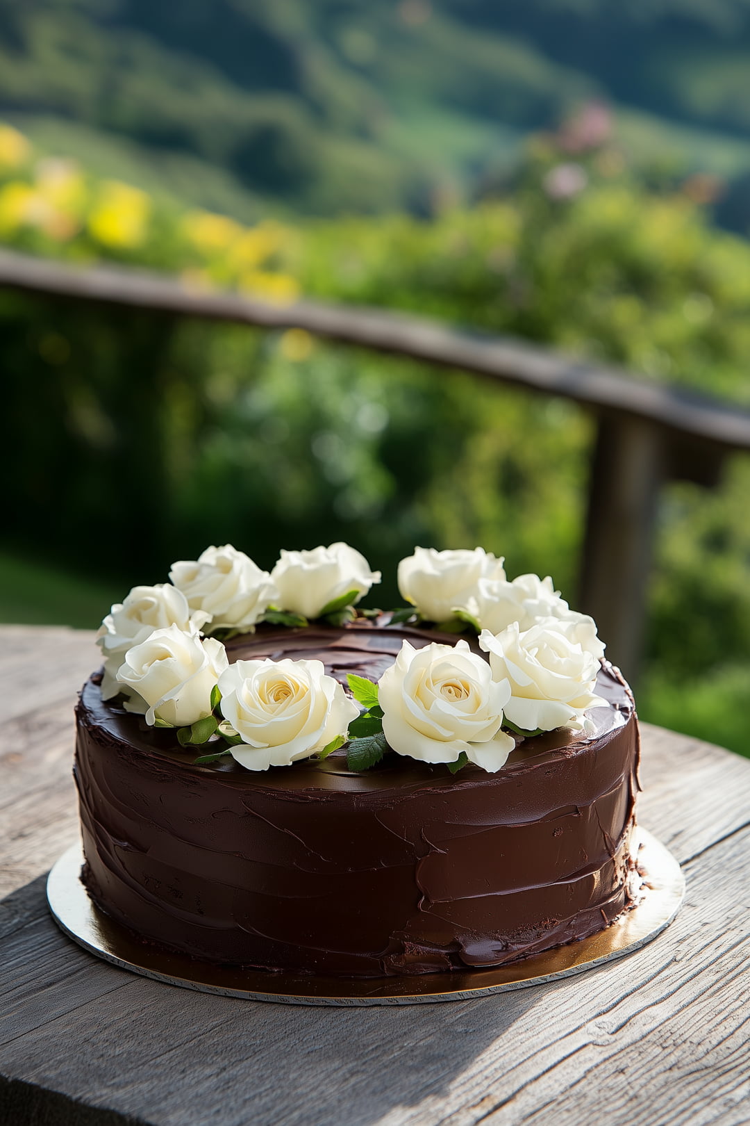 A simple chocolate birthday cake topped with white roses