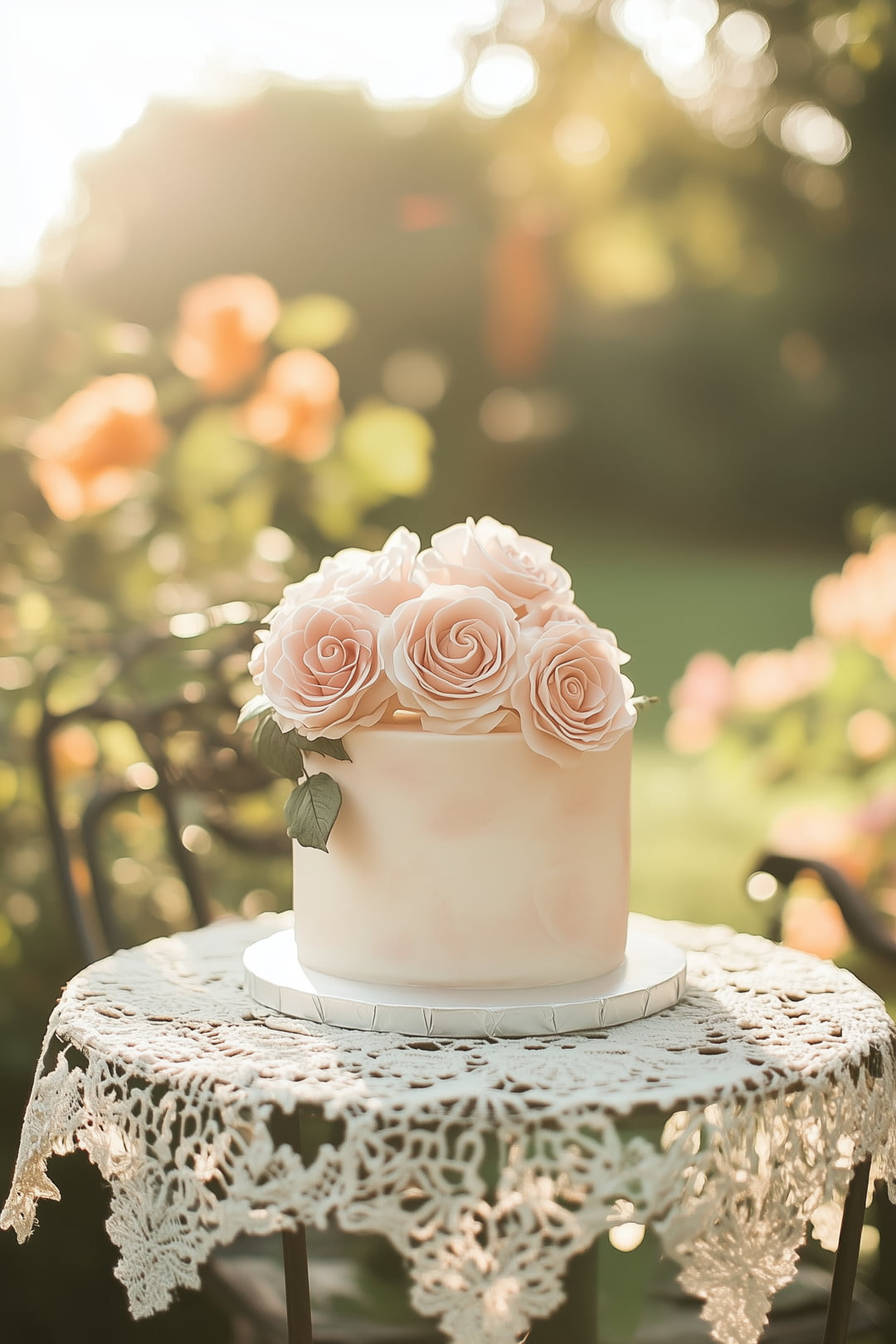 Simple fondant cake topped with white roses for a classic