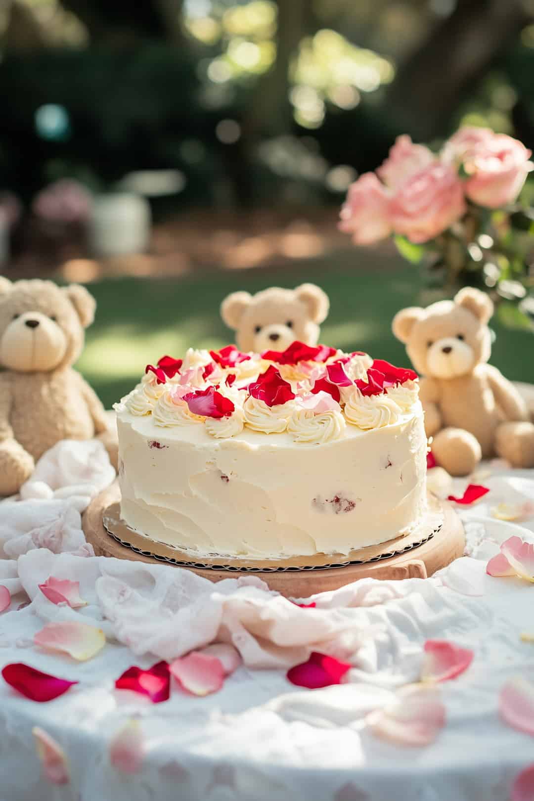 buttercream baby shower cake topped with rose petals