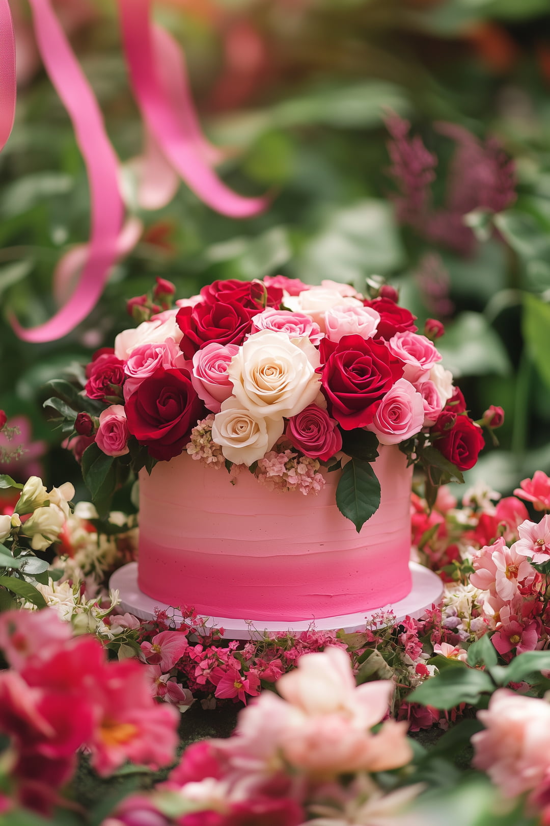 beautifully designed ombre rose birthday cake with a gradient of pink hues and intricate rose decorations,